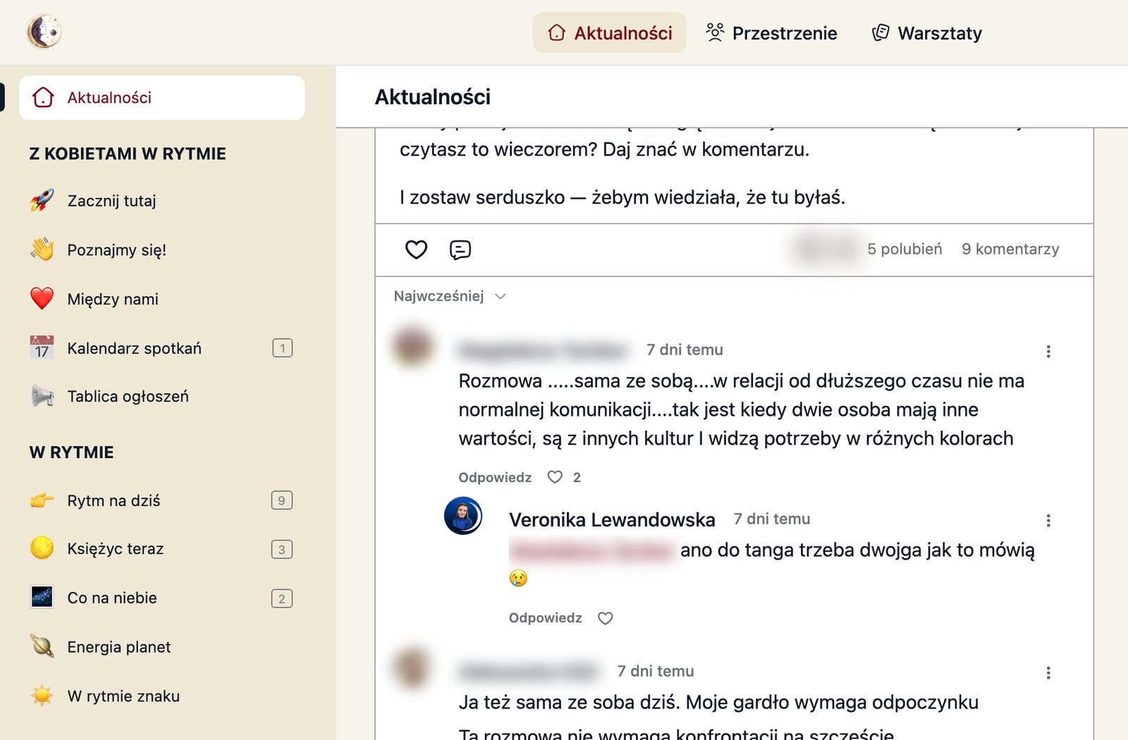 Wpis Rytm dnia z komentarzami uczestniczek na platformie W Rytmie